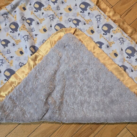 Minky Couture Elephant Monkey Giraffe Satin Trim Baby Blanket Gray Gold Soft - Picture 4 of 9